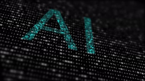 Flickering AI Text on Digital Code Background