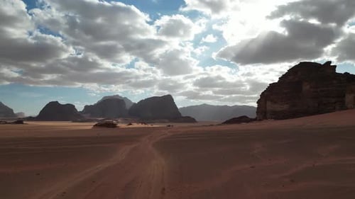 Sky over Wadi Rum valley in Jordan, aerial shot