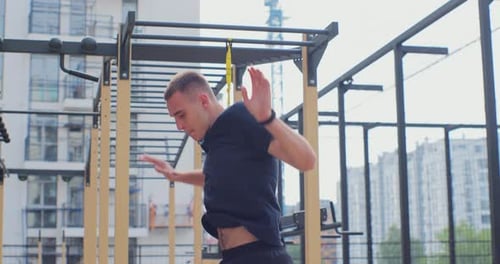Close Up Man Doing Push Ups in Sports Ground As a Warmup Physical Training Healthy Lifestyle Outdoor