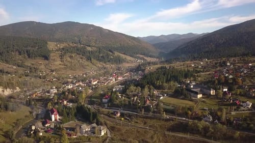 Aerial View of an Old Ruined Train Bridge in Town of Vorokhta in Carpathian Mountains Ukraine