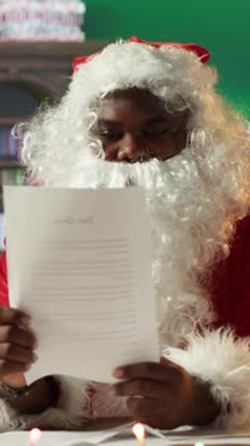 Vertical Video African American Father Christmas Reading Letters and Lists in His Workshop