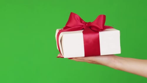 Hand Holds Birthday Gift on Green Screen