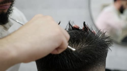 Man Getting Haircut at Barbershop Close Up