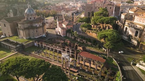 Backwards Drone Shot Reveals Trajan's Forum. Ancient Roman Ruins, Italy
