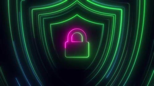 Glowing Neon Shield and Padlock Cyber Security Tunnel Loop Background