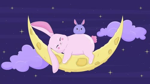 Cute moon bunnies sleeping on crescent night lofi animation cartoon wallpaper
