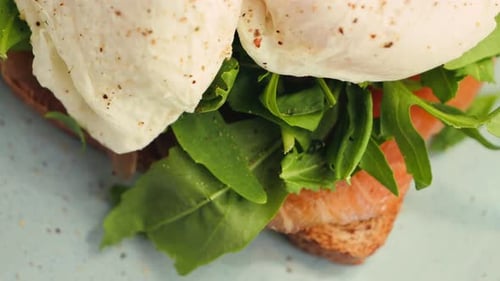 Poached Eggs and Salmon Open Sandwich Close Up