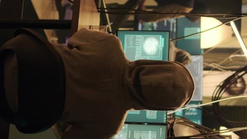 Hooded Coder Working in Futuristic Lab