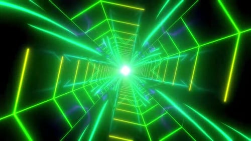 Dynamic neon tunnel with glowing geometric patterns pulses