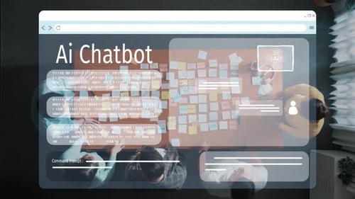 Aerial View of Team Collaborating on AI Chatbot Project with Sticky Notes and Digital Interface Mock