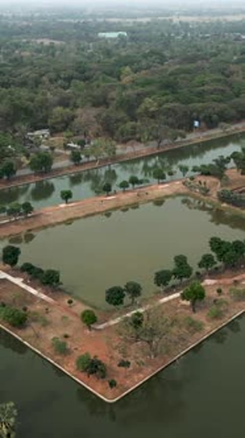 Birds Eye View of Buddhist Monument Surrounded By Water