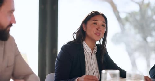 Business, meeting and woman with staff, brainstorming and cooperation with conversation