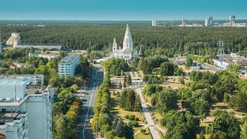Minsk Belarus Aerial View On All Saints Church Timelapse Summer Cityscape Time Lapse Memorial Church