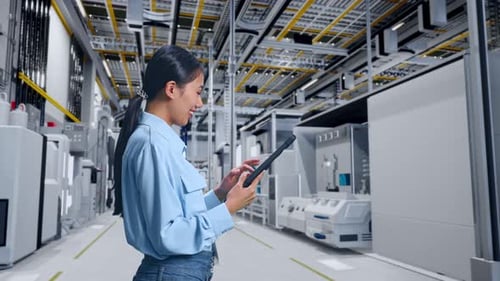 Asiatische Berufstätige konzentrierte sich bei der Digitalisierung der Fabrik auf ihr Tablet
