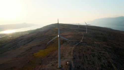 Wind Turbines Mounted on Hill Produce Energy on Pag Island