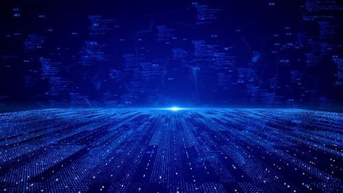 Metaverso de túnel de ciencia ficción espacial azul digital con partículas luminosas, holograma ondulado HUD 3D