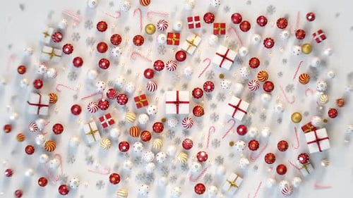 Wave of Christmas decorations with ripple. 3D render animation