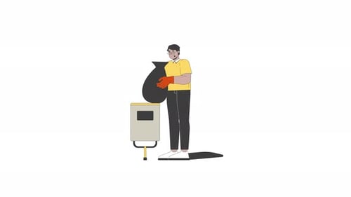 Arabischer Mann in Handschuhen entfernt Müllsack aus dem Mülleimer 2D-Charakteranimation