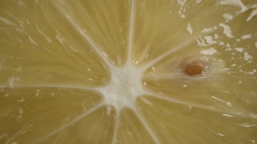 a sliced lemon rotates on a black background. Dolly slider extreme close-up. Top view.