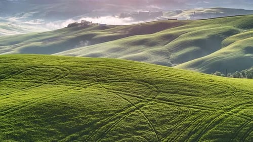 Aerial view of green hills and farmhouses, Italy.