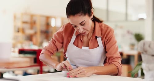 Clay, design and pottery with woman in boutique for crafting, manufacturing