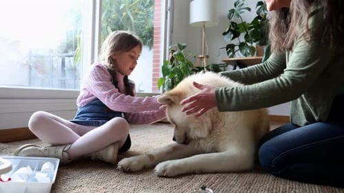 Girl and Woman Caring for Dog at Home