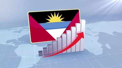 Antigua And Barbuda Flag With Increasing Bar Chart Graph And Arrow Red