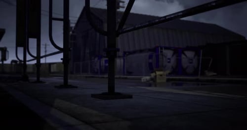 Mysterious Industrial Setting at Night with Shadows and Reflections