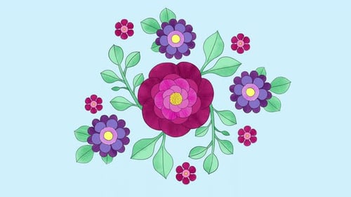 Animation dessinée à la main, fond floral croissant avec des fleurs et des feuilles colorées