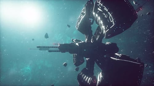 Futuristic Space Station Rotating in Deep Space with Asteroids