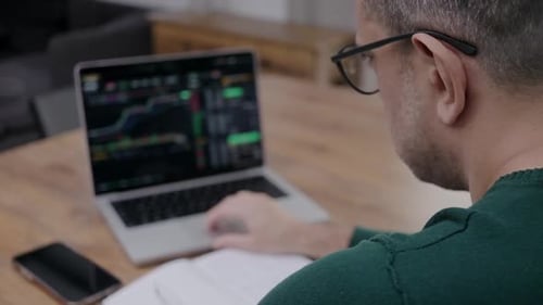 Visão traseira do homem analisando gráficos do mercado de ações em laptop, Bitcoin e investimento em criptomoedas