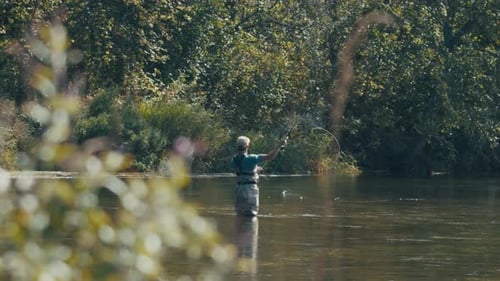 Fisherman Casts the Fly on a River