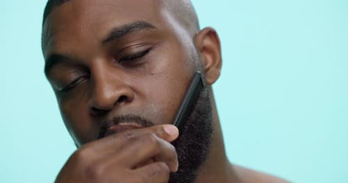 Studio, routine and man with beard, comb or tangle prevention with tool