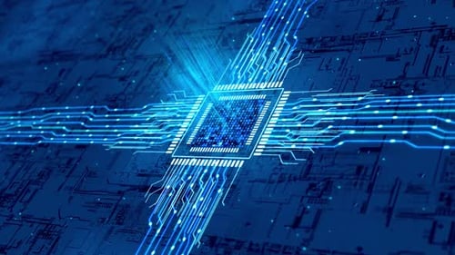 Digital CPU Microchip with Glowing Data Flow Animation