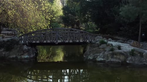 Kleine Holzbrücke über den Gartensee mit weißen Enten im Sommer. - Luftaufnahme