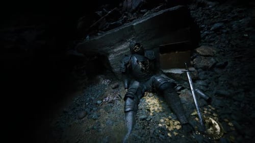 Knight Lies Lifeless in Dark Cave Surrounded By Treasures and Shadows