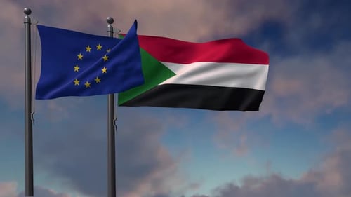 European Union and Sudan Flags Waving on Flagpoles