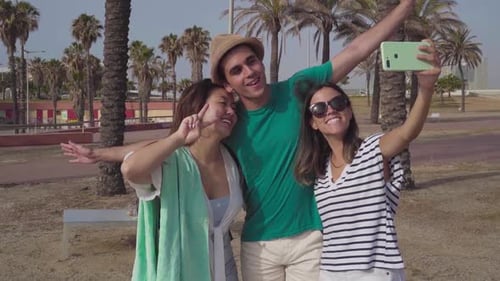 Group of Friends Taking Selfie Happy Laughing in the Beach in Summer