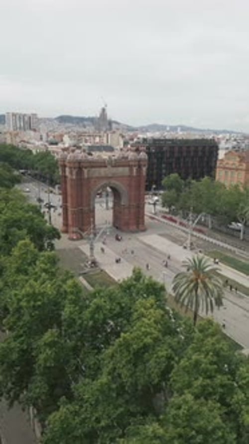 Aerial view of Arc de Triomf with Promenade Passeig de Lluís Companys in Barcelona Spain