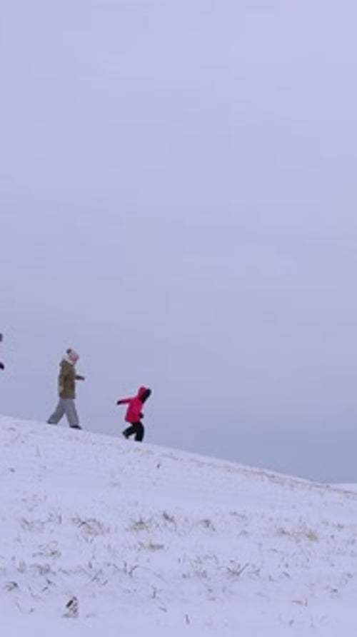Vertikales Video Junge Familie hat Spaß auf einem verschneiten Hang, spielt und lacht, sie rennen runter