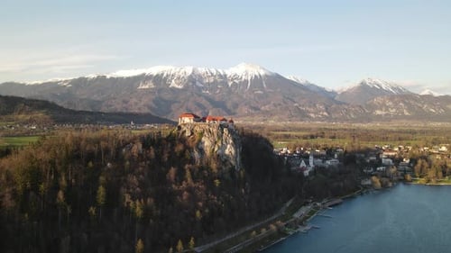 Aerial view of Bled Castle overlooking Lake Bled in Slovenia.