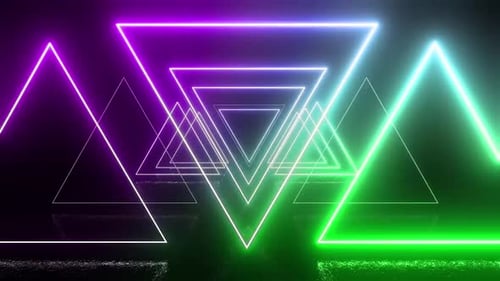 Abstract neon triangle shapes glowing with vibrant colors on dark background