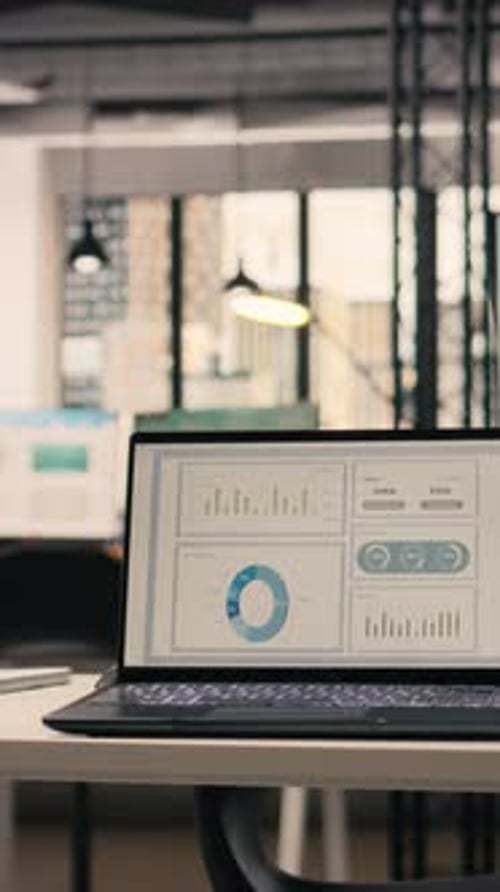Vertical Video Company Data Shown on Screen in Empty Executive Office Space