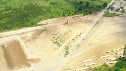 Aerial view on the new road construction site. Highway
