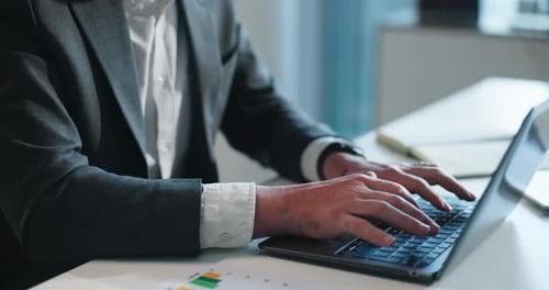 Hands, business and person typing on laptop for research, finance report and stock market