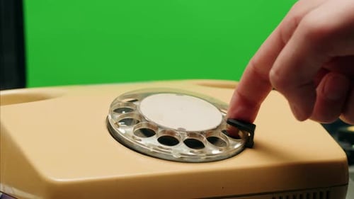 Retro Vintage Phone on Chroma Key Green Screen Rotary Telephone is Displayed on a Wooden Desk Adding