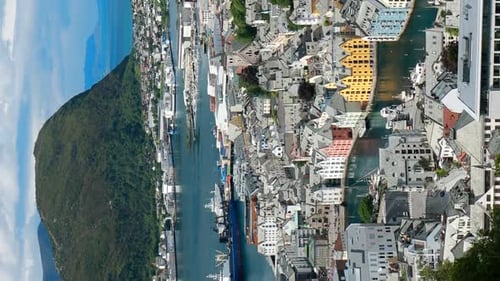 Alesund Norway Alesund Skyline Cityscape Historical Center In Sunny Summer Day Vertical Footage