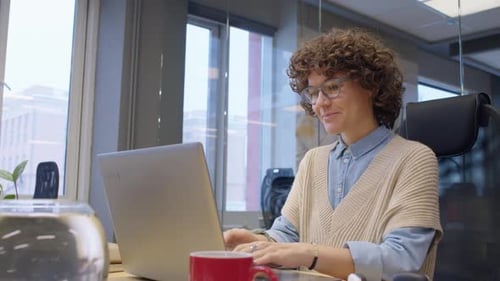 Female Office Worker Sitting at Desk Working with Laptop