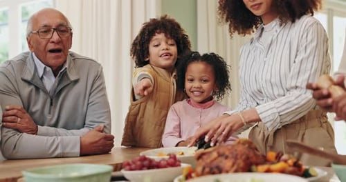 Family, thanksgiving and food with children, buffet and table in home for reunion