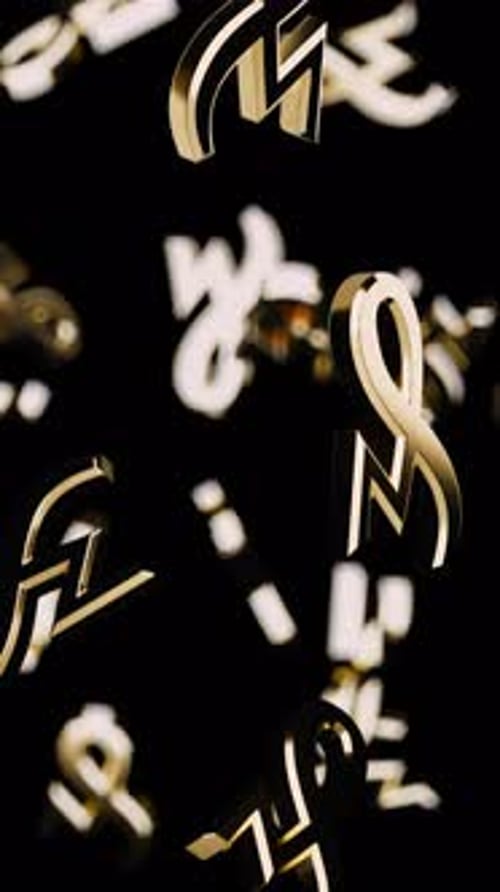 Vertical Endlessly Falling Gold Penny Symbol on a Black Background